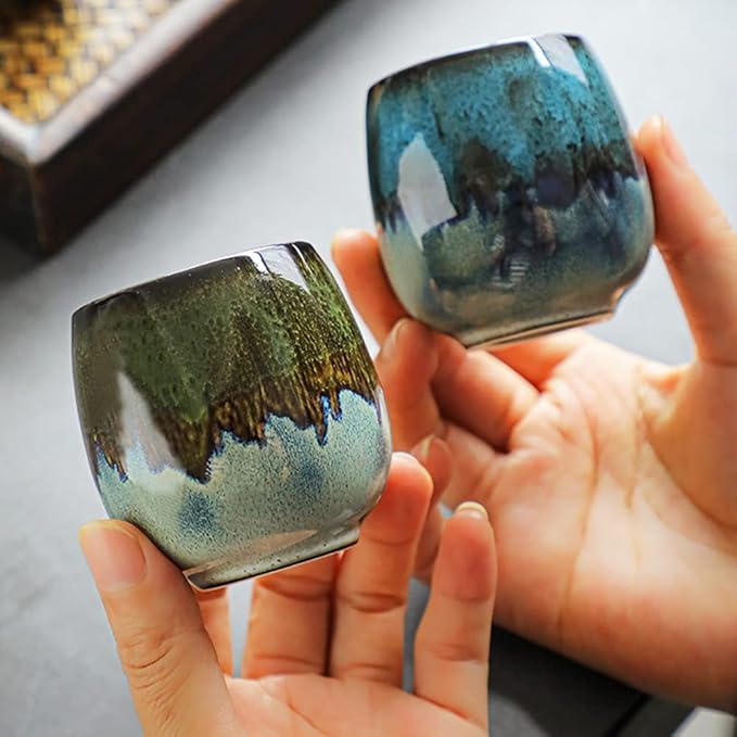 Ceramic Espresso Cups Set of 2 Expresso shots cup Kiln-Change Espresso Cups 3Oz Mini Espresso Mugs Demitasse Cups (Blue)
