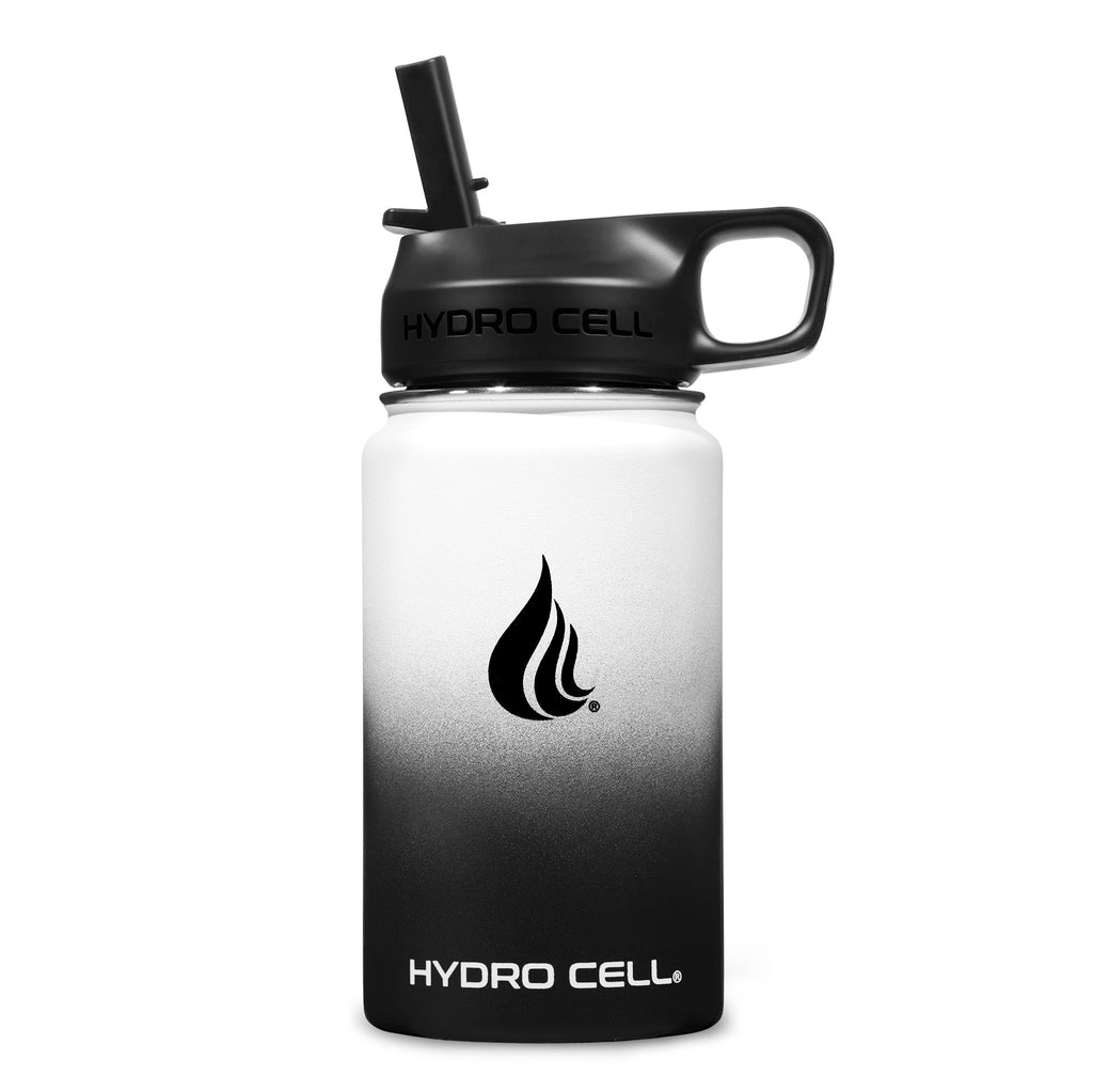 HYDRO CELL Stainless Steel Insulated Water Bottle with Straw - For Cold & Hot Drinks - Metal Vacuum Flask with Screw Cap and Modern Leakproof Sport Thermos for Adults (Black/White 14oz)