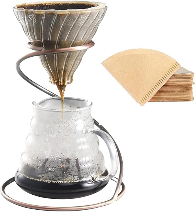 Pour Over Coffee Maker Set – Includes Glass Coffee Dripper, Metal Dripper Stand, Heat Resistance 600ml Coffee Server and 40 Count Paper Coffee Filters, 4 in 1 Set for Home or Office (Black Set)