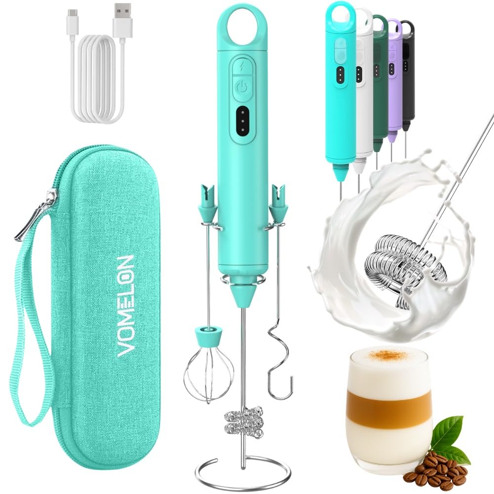 Rechargeable Milk Frother Handheld 3 Speed Coffee Foamer [3 Whisk] Electric Drink Mixer for Latte, Cappuccino, Coffee, Eggs, Hot Chocolate, Mint