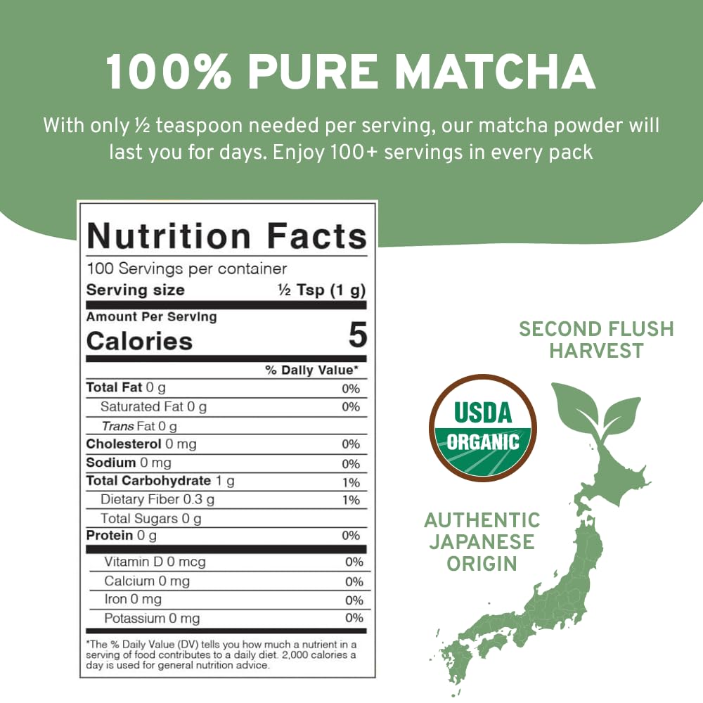 HANDPICK Japanese Organic Matcha Green Tea Powder (100 Servings) - Sourced from Japan | Authentic Premium Harvest | Resealable Ziplock Pouch
