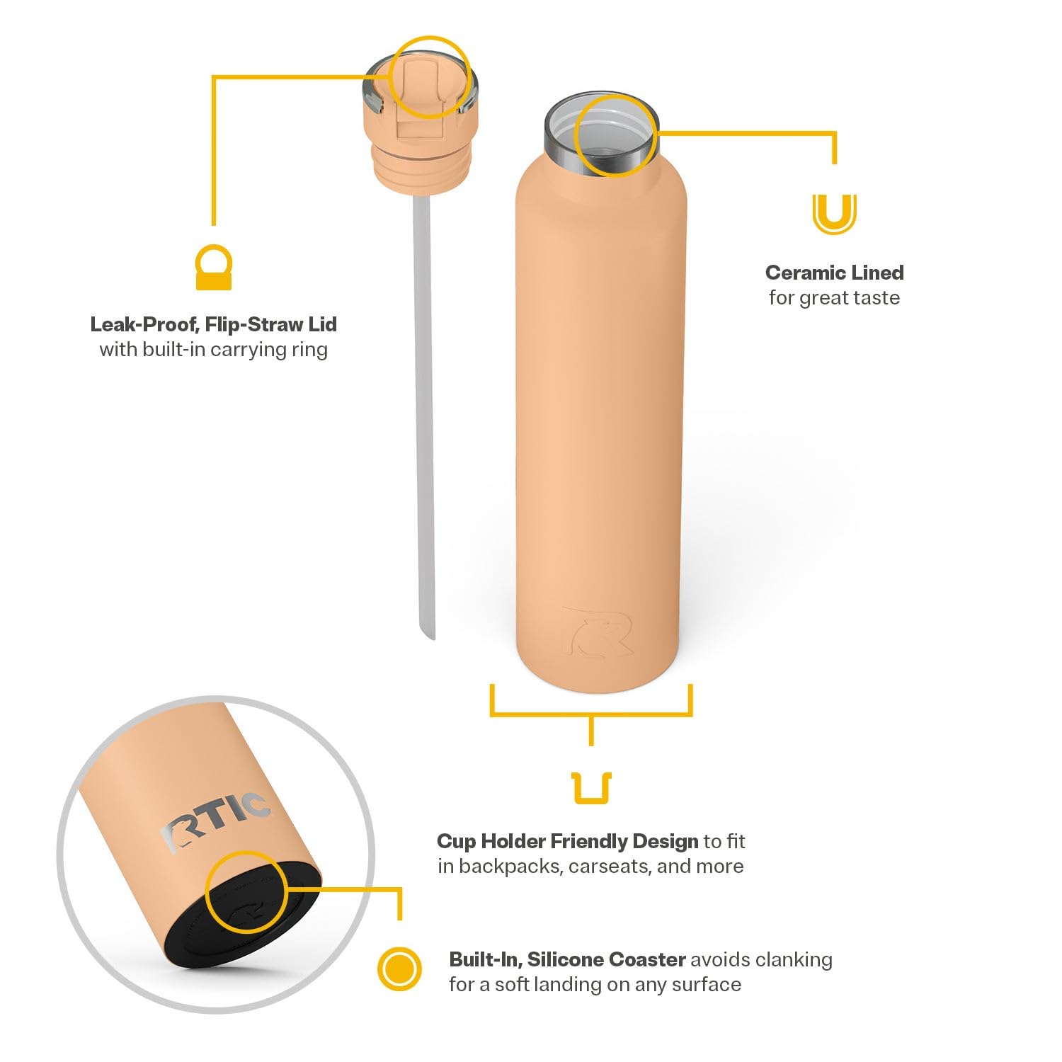 RTIC 26oz Journey Water Bottle Ceramic Lined Metal Stainless Steel Vacuum Insulated, BPA Free, Reusable, for Water, Hot and Cold Drinks, Travel, Sports, Camping, Peach Tea