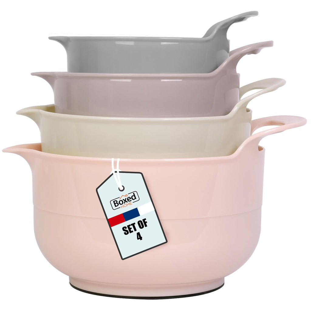 BoxedHome Nesting Plastic Mixing Bowl Set with Pour Spouts and Handles - Non Slip Bottom, BPA free Microwave & Dishwasher Safe(Khaki Pink, 4 Pack)