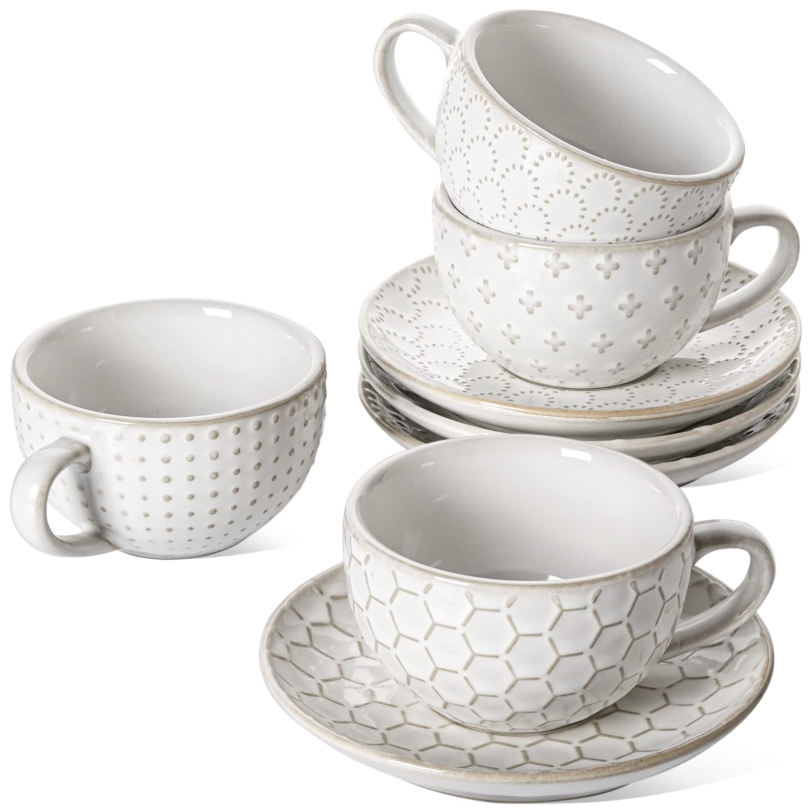 LE TAUCI 6 oz Cappuccino Cups with Saucers, Ceramic Espresso Coffee Cup Set of 4, for Latte, Cafe Au Lait, Flat White, Tea, Dishwasher & Microwave Safe, Housewarming Gift, Embossed, White