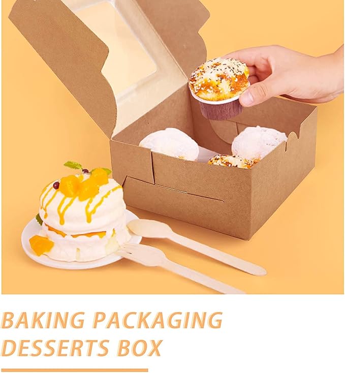 OAMCEG 50 PCS Cookie Boxes with Window, 6x6x3 Inch Cupcake Boxes, Brown Bakery Containers for Pastry, Dessert, Chocolate Strawberries, Treat Boxes with Stickers & Jute Twine