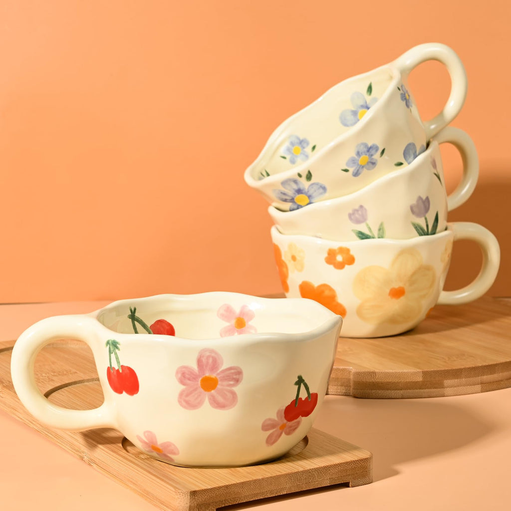 MAKCNMYM Ceramic Coffee Mug Vintage Flower Mugs 8 oz Cute Floral Coffee Mugs Irregular Latte Art Cup Lead-free Porcelain Cups for Cappuccino, Cocoa (4 Pack)