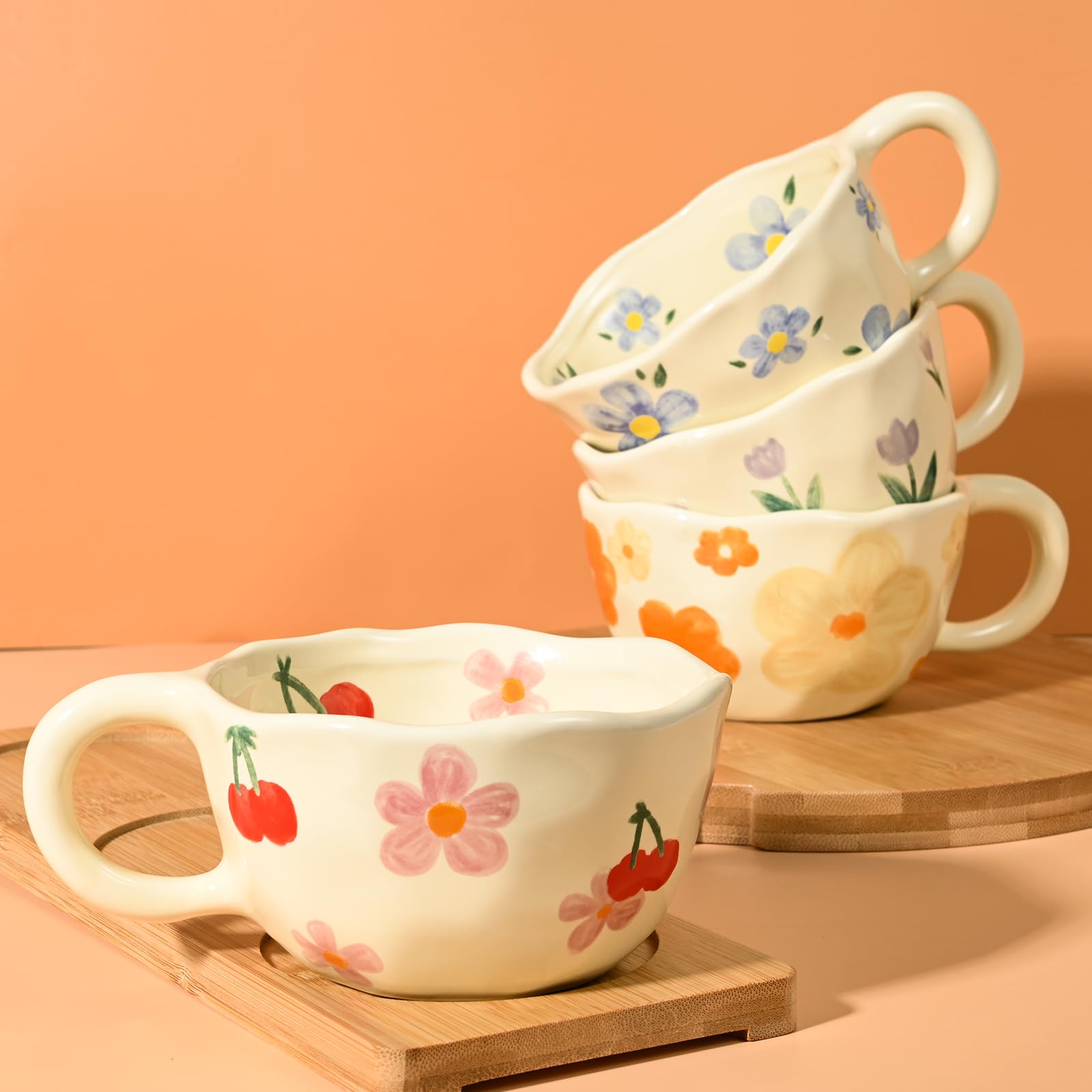 MAKCNMYM Ceramic Coffee Mug Vintage Flower Mugs 8 oz Cute Floral Coffee Mugs Irregular Latte Art Cup Lead-free Porcelain Cups for Cappuccino, Cocoa (4 Pack)