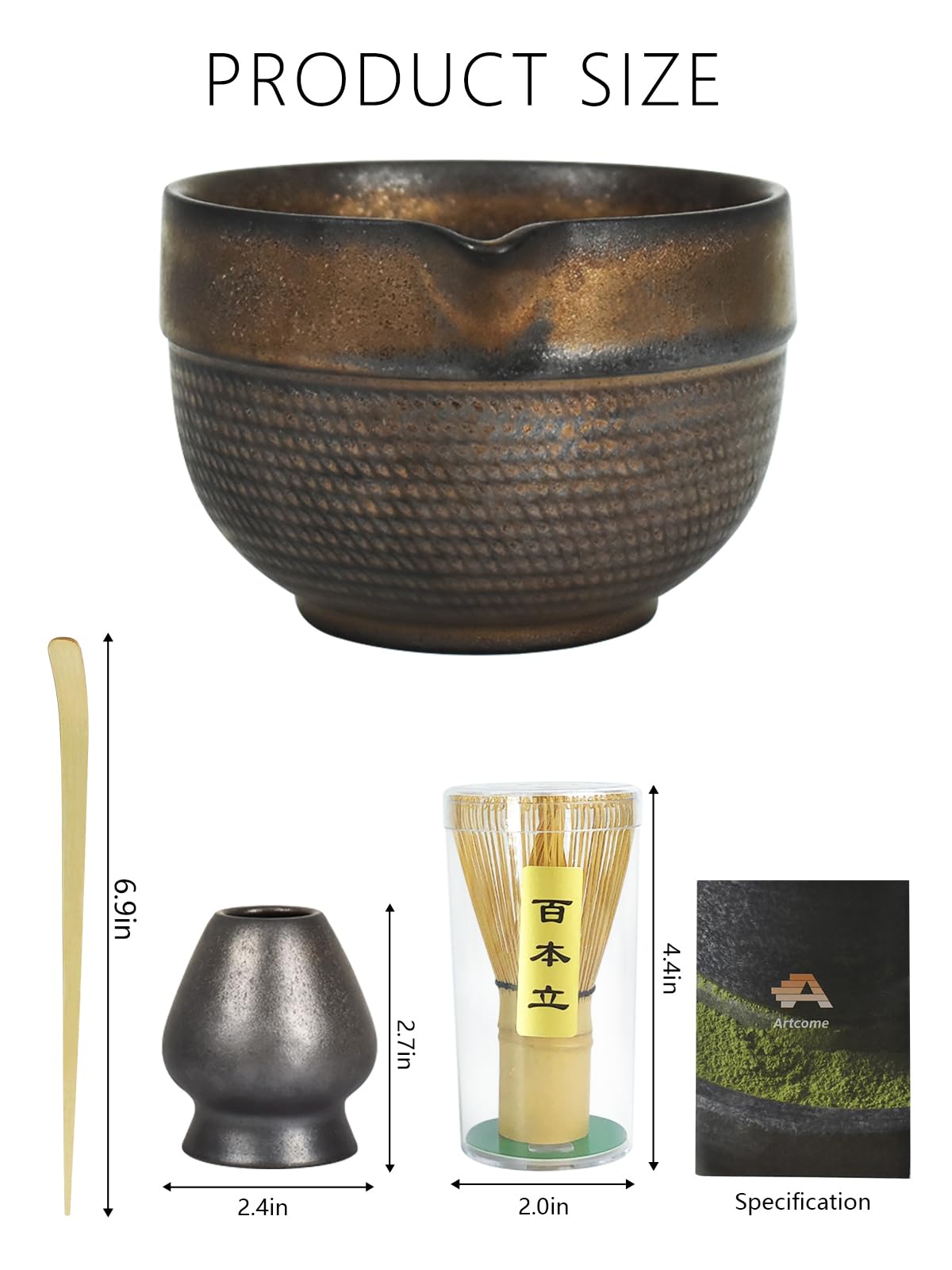Artcome Luxury Matcha Tea Set – 4-Piece Japanese Matcha Kit with Black Rustic Glazed Bowl & Spout, Bamboo Whisk, Holder, Scoop & Manual – Handcrafted Ceramic Tea Ceremony Set