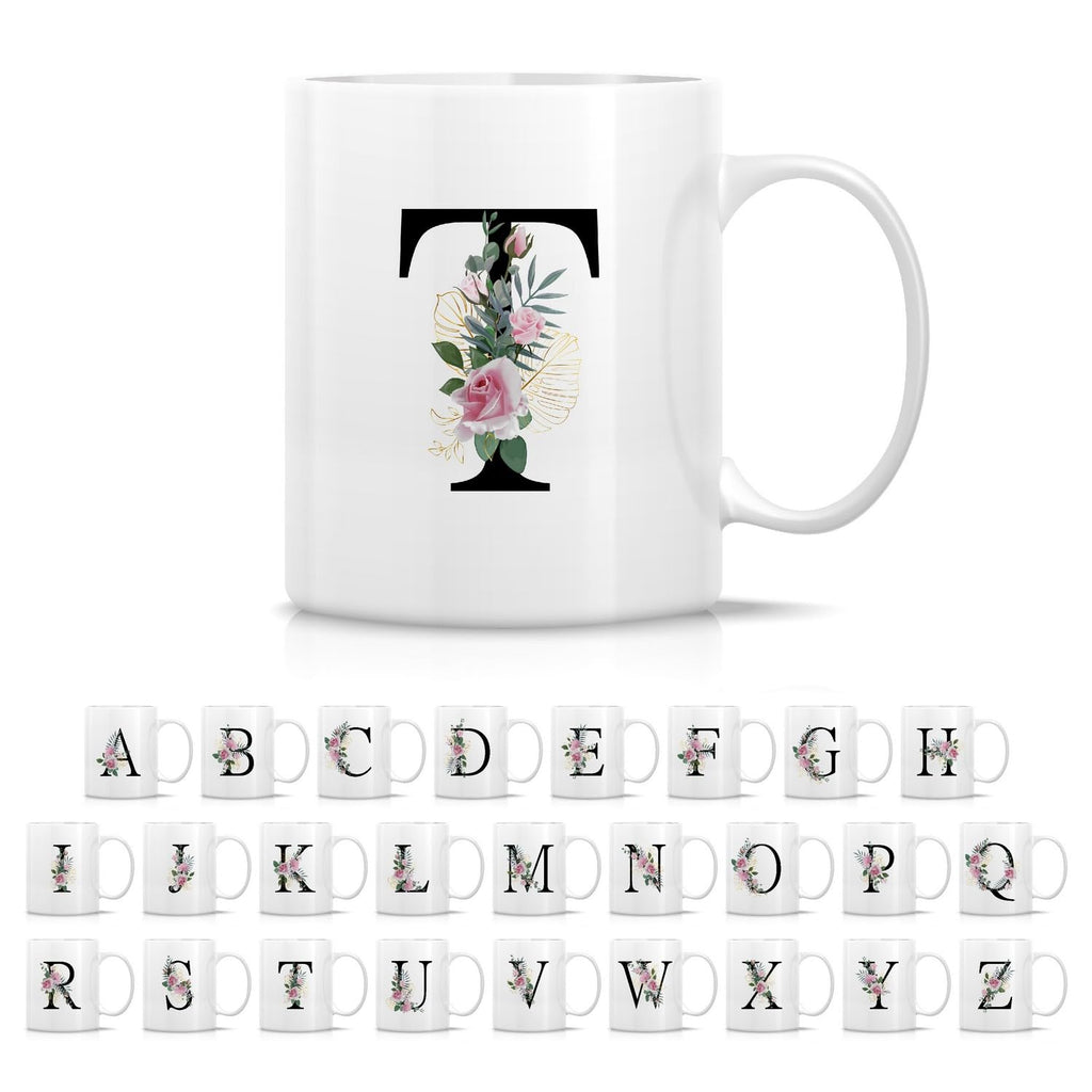 Retreez Initial A-Z Floral Botanical Bouquet Alphabet Monogrammed Monogram Mug 11 Oz Ceramic Tea Coffee Mugs - Appreciation Thank You Wedding Birthday Gifts for her friend coworker sister - T Initial