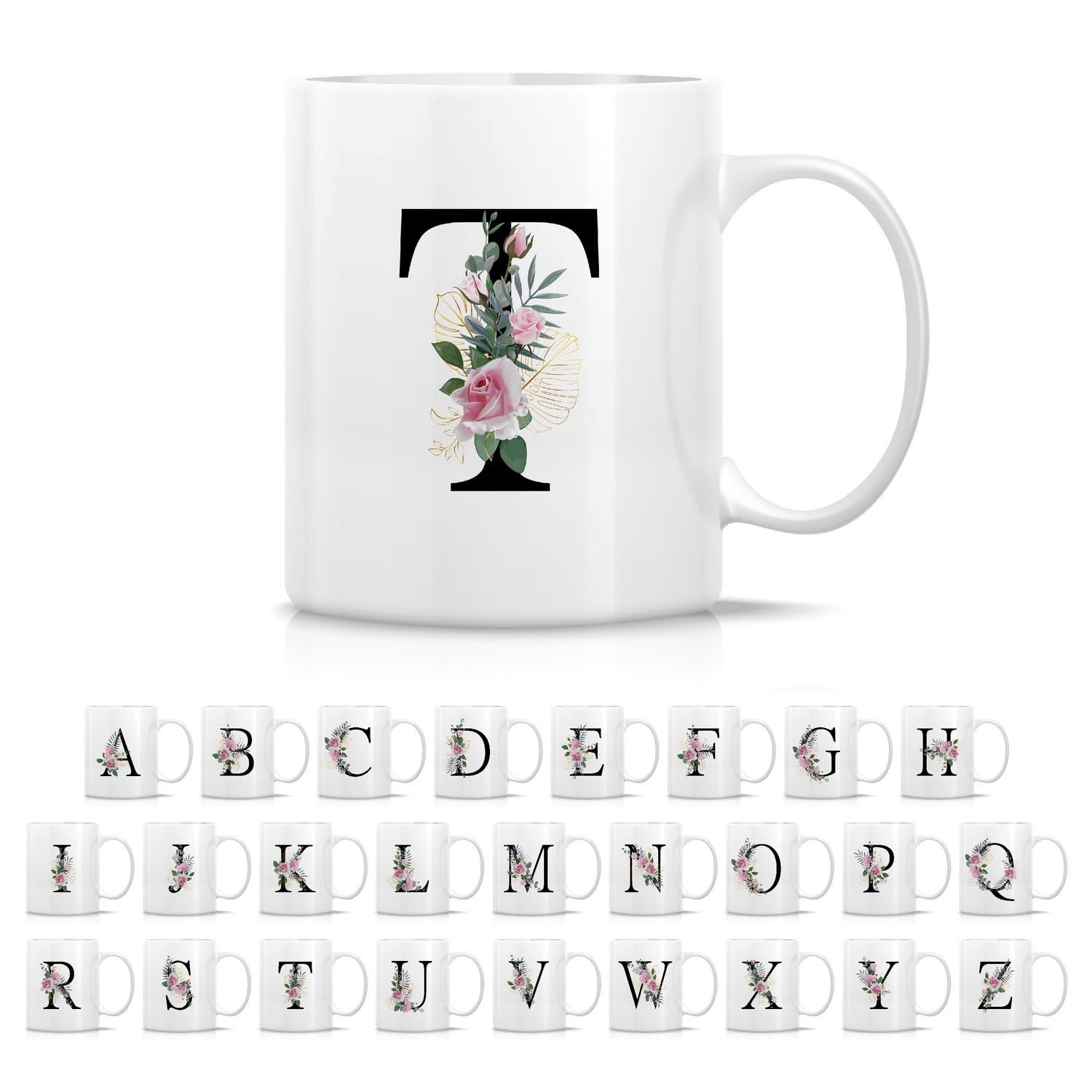 Retreez Initial A-Z Floral Botanical Bouquet Alphabet Monogrammed Monogram Mug 11 Oz Ceramic Tea Coffee Mugs - Appreciation Thank You Wedding Birthday Gifts for her friend coworker sister - T Initial