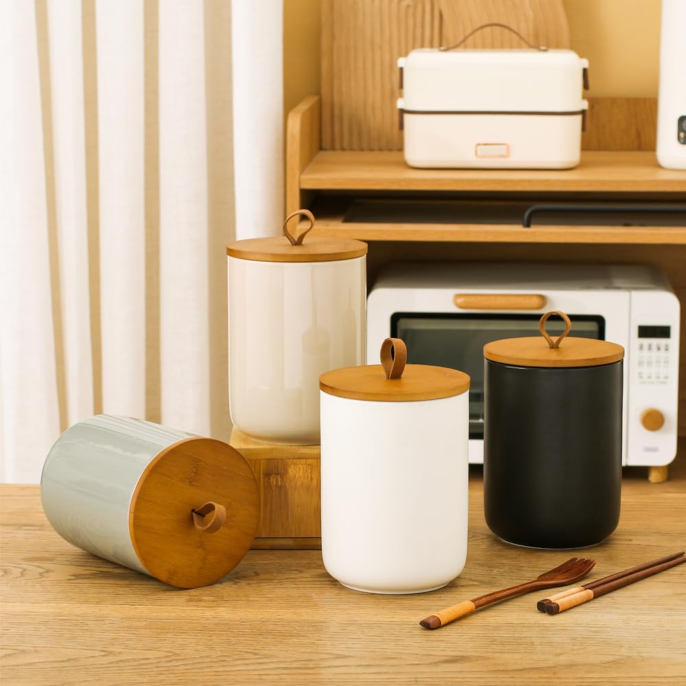 Jueison Ceramic Storage Jars, Modern Airtight Canisters with Wooden Lid (White)