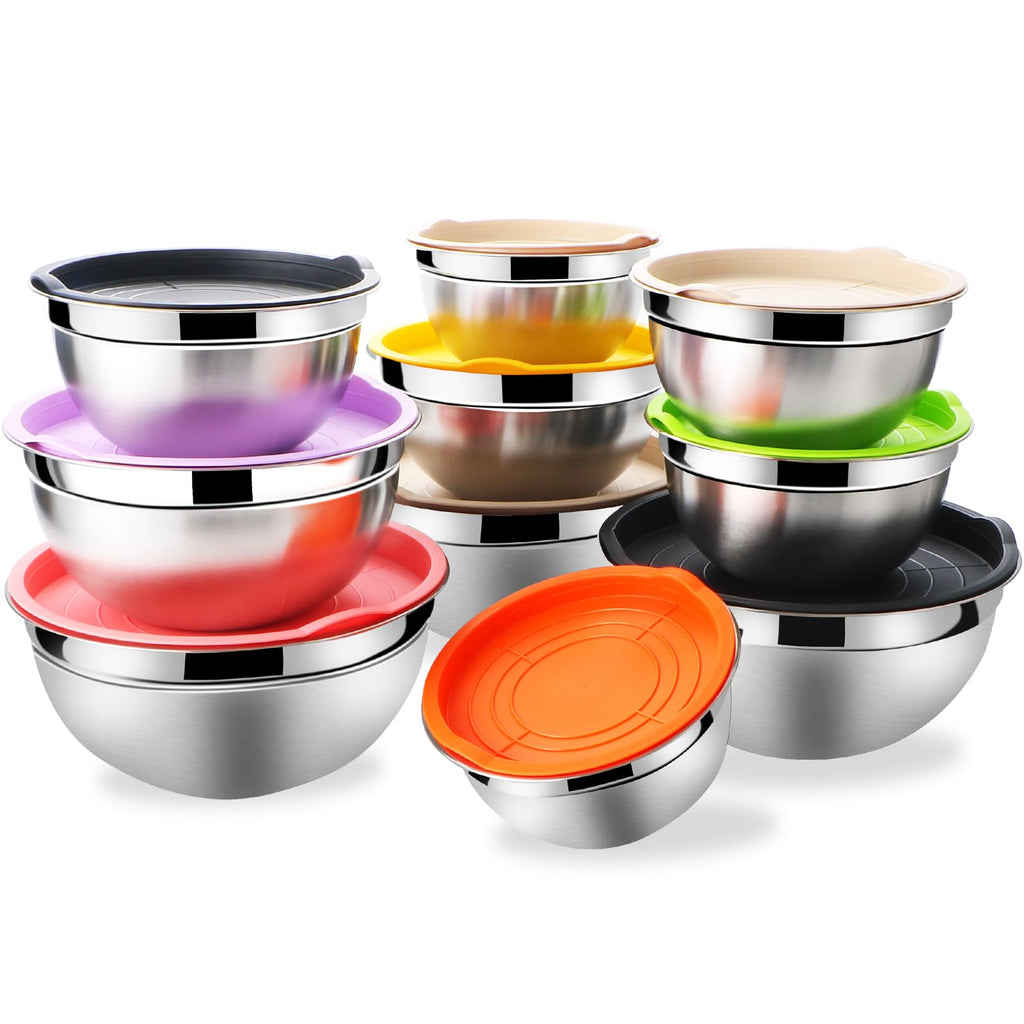 Lazycorner Mixing Bowls with Airtight Lids Set 5 Pcs Stainless Steel Bowls Set Baking Set Non-Slip Silicone Bottoms Great for Serving & Baking
