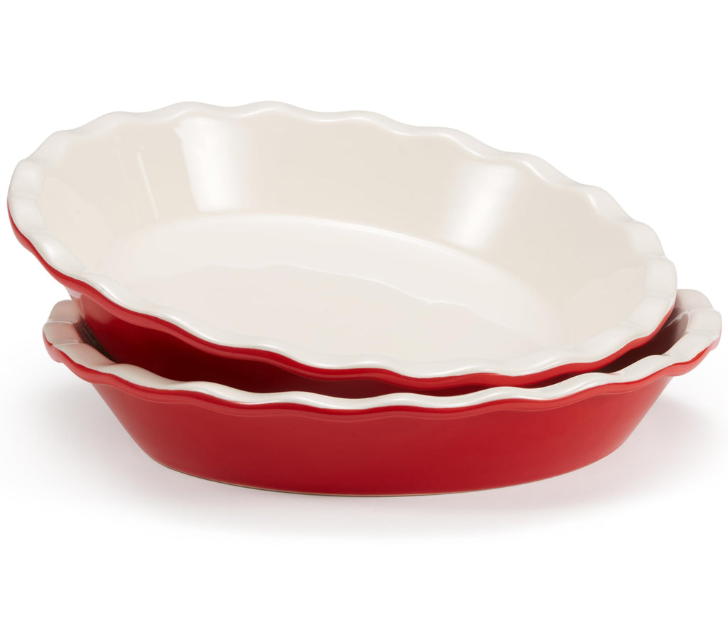 KooK Pie Pan, Ceramic Reusable Round Pie Dish, Quiche Baking Dish, Deep, Wave Edge, For Cakes, Tart, Casseroles, Tarts, Microwave, Oven and Dishwasher Safe, 9-Inch, 36 oz, Set of 2, Cherry