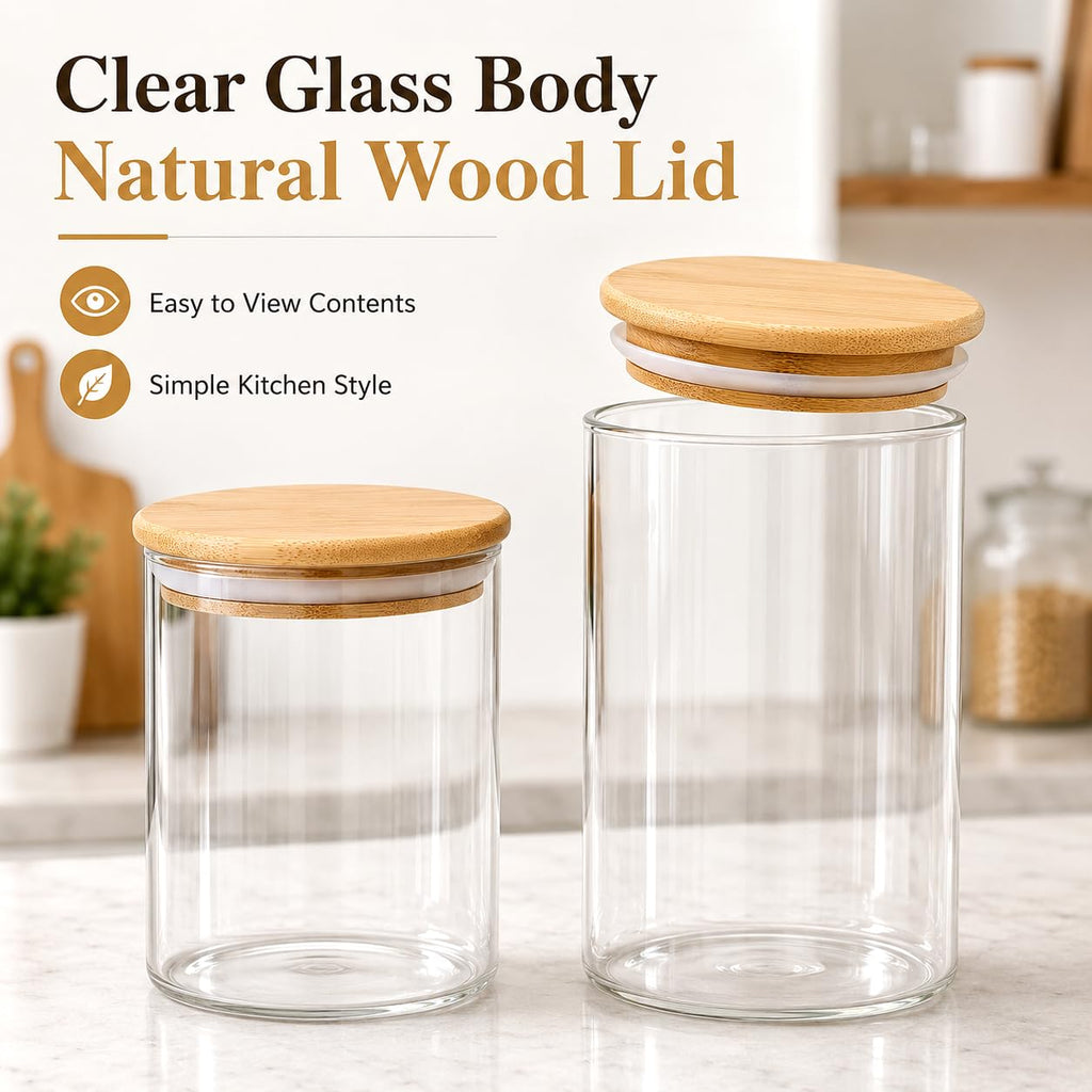 MOLFUJ 1200 ML / 40 FL Oz Glass Storage Container with Wood Lid, Stackable Clear Decorative Organizer Bottle Canister Pantry Jar with Air Tight Wooden Lid for Food, Coffee, Candy, Sugar, Salt, Tea