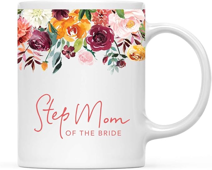 Andaz Press 11oz. Wedding Ceramic Coffee Tea Mug Gift, Fall Autumn Burgundy Orange Peach Flowers Roses Florals, Step Mom of the Bride, 1-Pack, Includes Gift Box