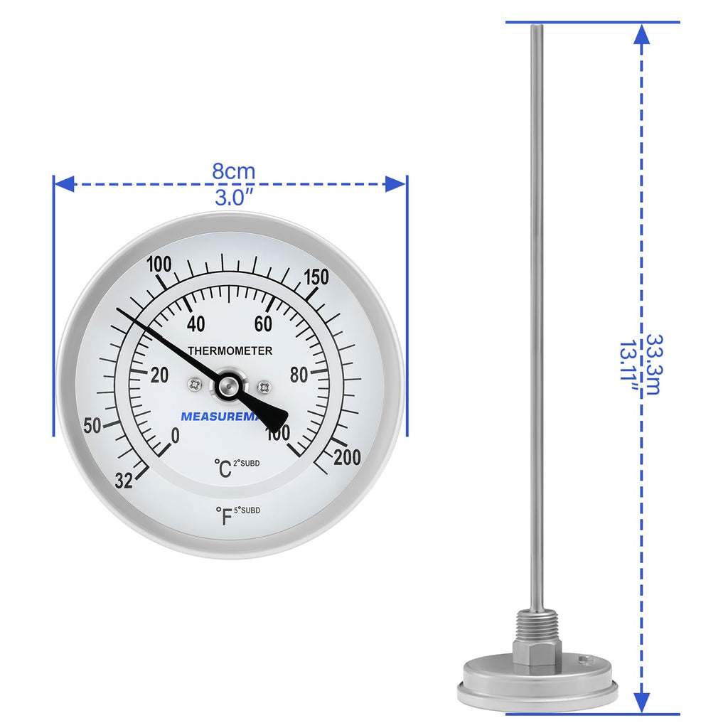 Measureman Fully Stainless Steel Bi-Metal Dial Thermometer, 3" Dial, 12" Stem, 32-212°F/0-100°C Range, +/-1% Accuracy, Adjustable, 1/2" NPT Back Mount
