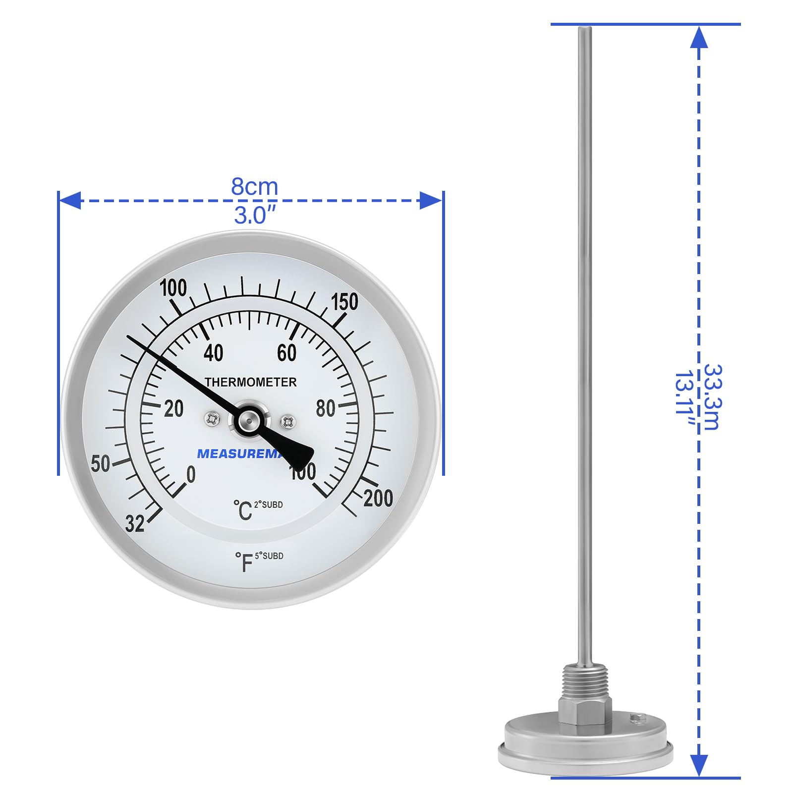 Measureman Fully Stainless Steel Bi-Metal Dial Thermometer, 3" Dial, 12" Stem, 32-212°F/0-100°C Range, +/-1% Accuracy, Adjustable, 1/2" NPT Back Mount