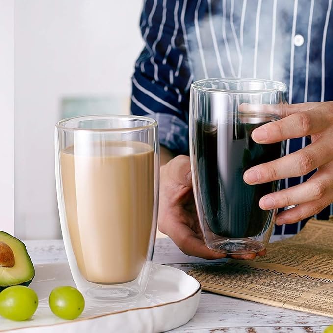 Glass Coffee Mugs Set of 2, Insulated Thermal Cups 15.2oz, Double Wall Clear Glass Coffee Cup for Tea/Juice/Milk, Latte Cappucino Espresso mug Glassware Gift for Christmas Birthday