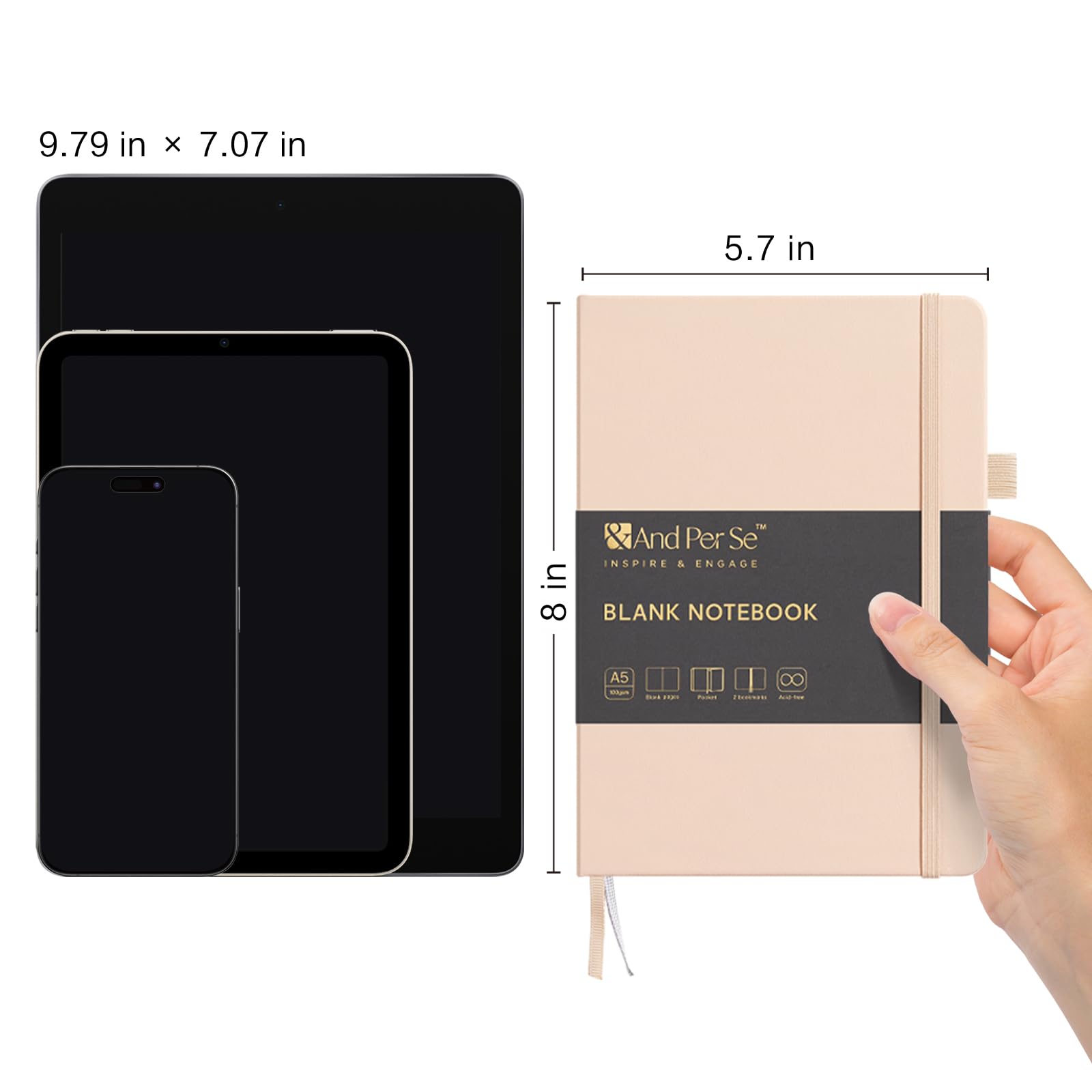 &And Per Se Blank Sketch Notebook, A5 Hardcover, 160 Pages 100gsm Thick Paper, Unlined Journal for Drawing, Doodling, Hand Lettering – Creative Gift for Artists, Designers, Writers (Light Apricot)