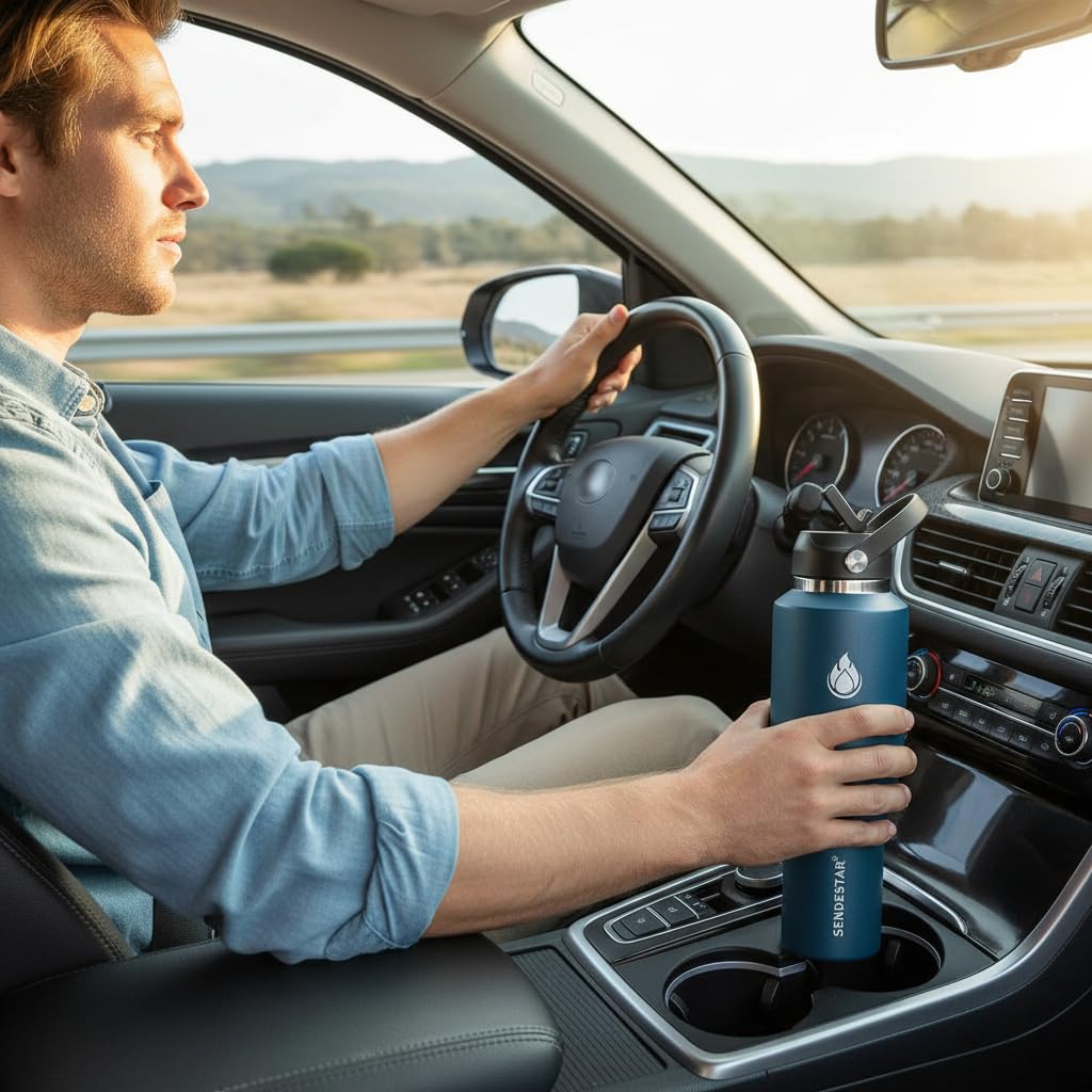 SENDESTAR 40oz Stainless Steel Water Bottle(Cold for 48 Hrs, Hot for 24 Hrs),Double Wall Vacuum Insulated Bottle with Straw Lid, Spout Lid and Flex Cap, Fit in Any Car Cup Holder，Navy