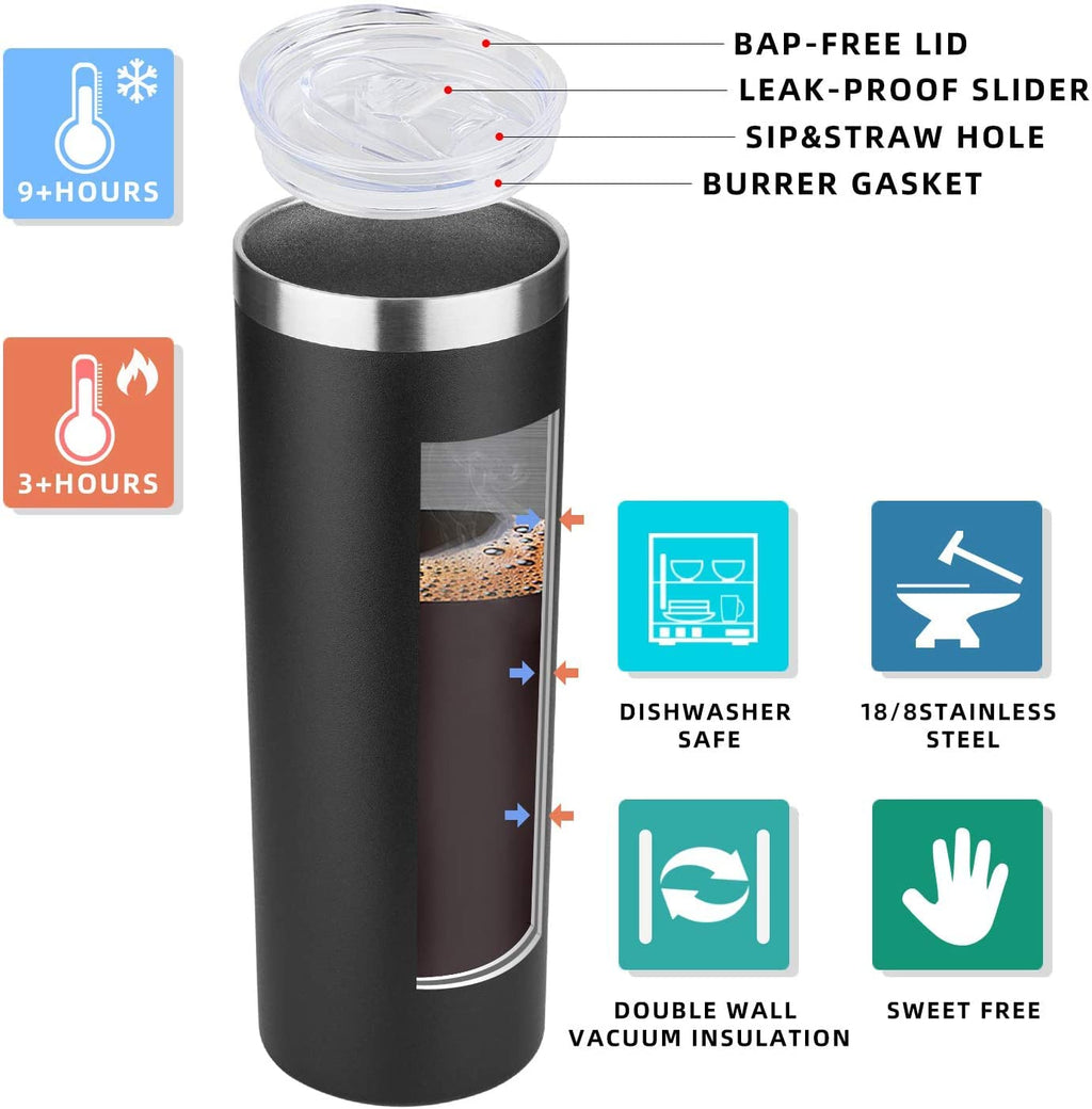 HASLE OUTFITTERS 20 oz Skinny Tumblers Bulk Set, Stainless Steel Insulated Slim Tumblers with Lids, Reusable Double Wall Travel Coffee Mugs, Durable Powder Coated Travel Water Cups(Black, 12)