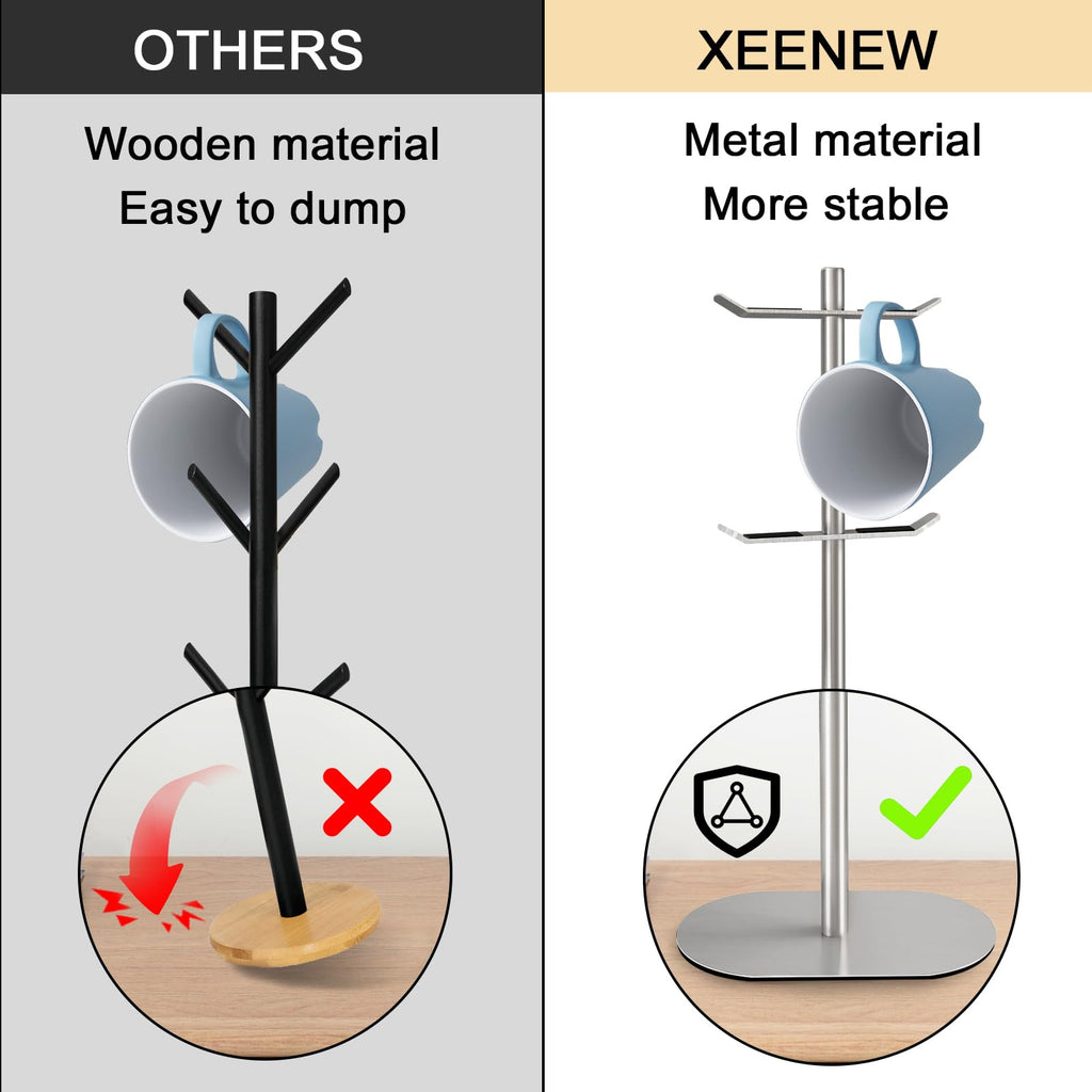 XEENEW Mug Holder Tree, Coffee Cup Holder with 6 Hooks, Coffee Mug Rack, Metal Mug Tree for Counter, Mug Holder Stand Coffee Mug Hanger(Brushed Nickel)