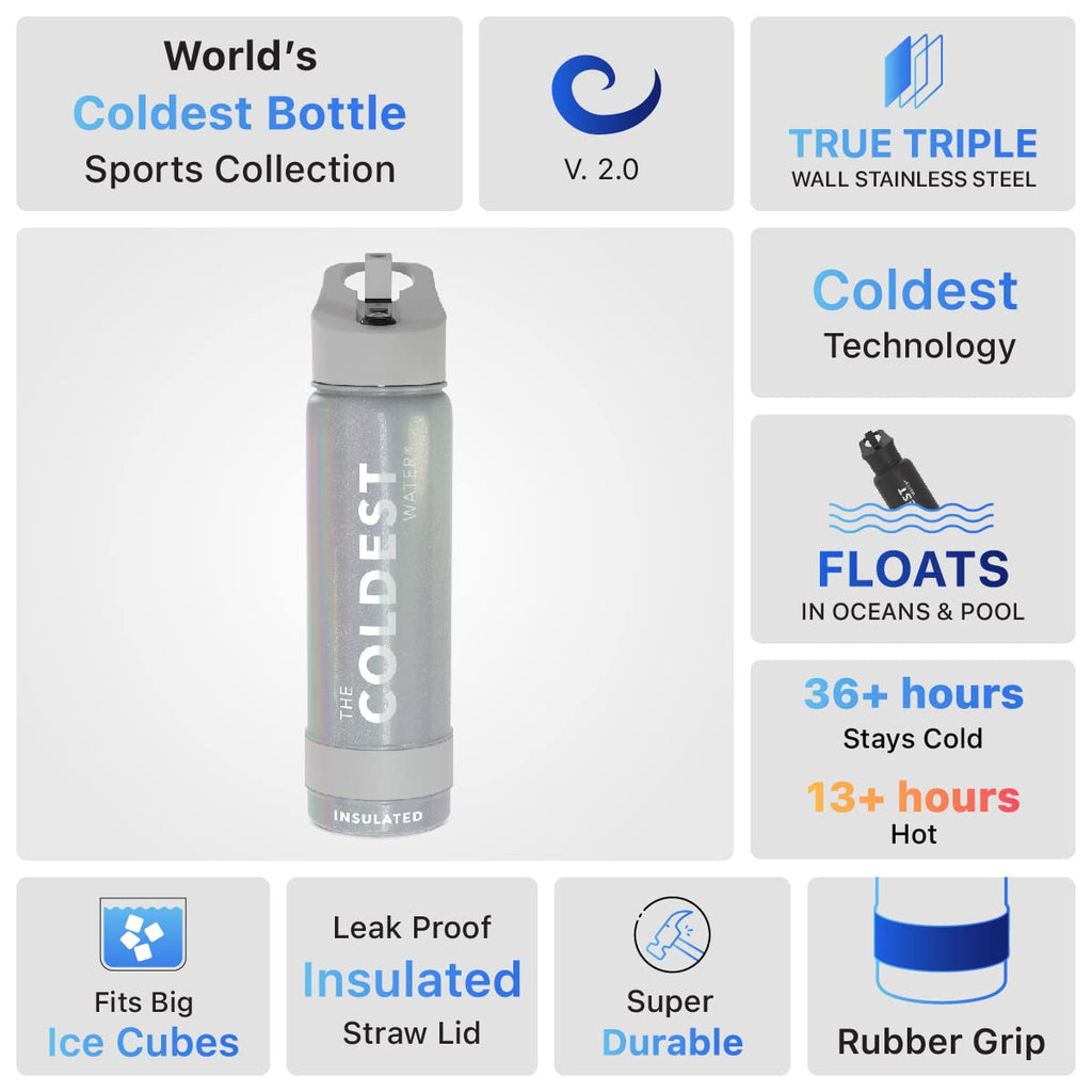 Coldest Insulated Water Bottle with Straw Lid - Stainless Steel Metal Insulated Bottle for Men & Women (Supernova Silver Glitter, 24 oz)
