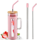 Kodrine Tumbler with Lid and Straw, 20 oz Glass Coffee Tumbler with Handle, Smoothie Cup with Bamboo Lid | Time Marker | Silicone Protective Sleeve, BPA Free -Pink