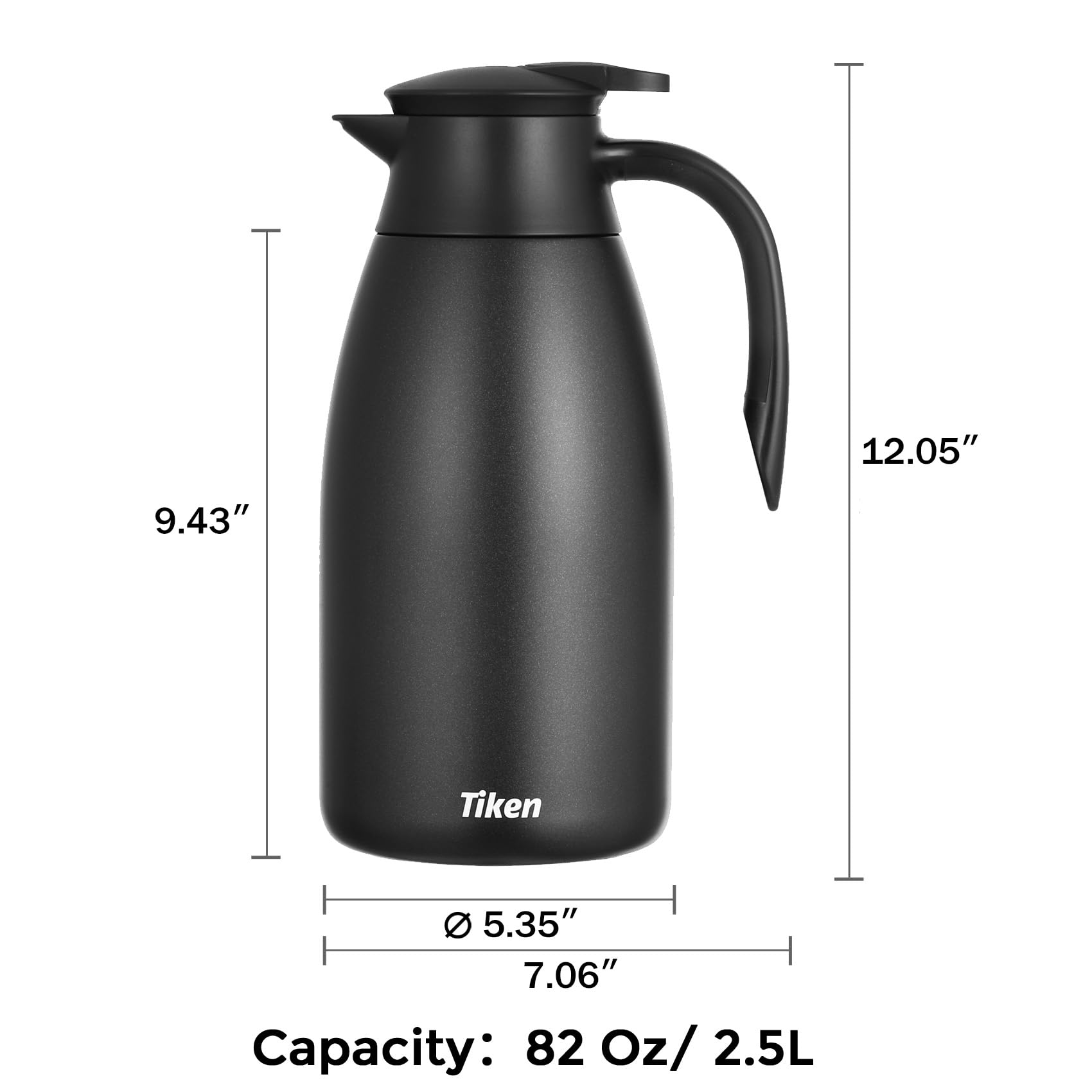 Tiken 85 Oz Thermal Coffee Carafe, Stainless Steel Insulated Vacuum Coffee Carafes For Keeping Hot, 2.5 Liter Beverage Dispenser (Black)