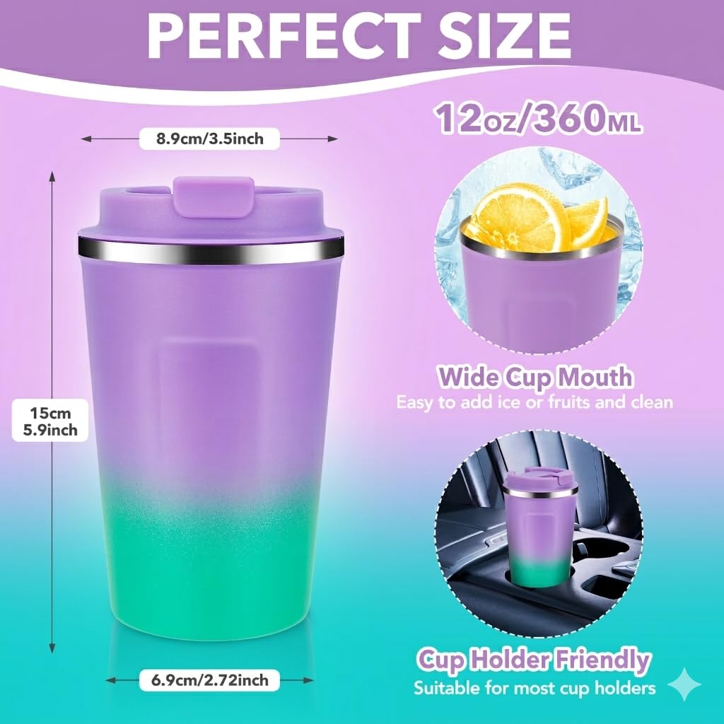 Volhoply 12 oz Double Wall Insulated Vacuum Travel Coffee Mug with Flip Lid Bulk 4 Pack,Reusable Stainless Steel Leak Proof Coffee Cup,Portable Thermal Tumbler for Hot&Cold Drinks(Purple Green,4 Set)