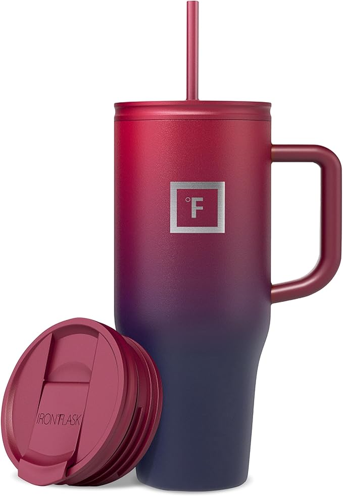IRON °FLASK Co-Pilot Insulated Mug w/Straw & Flip Cap Lids - Cup Holder Bottle for Hot, Cold Drink - Leak-Proof - Water, Coffee Portable Travel Mug - Dark Rainbow, 32 Oz