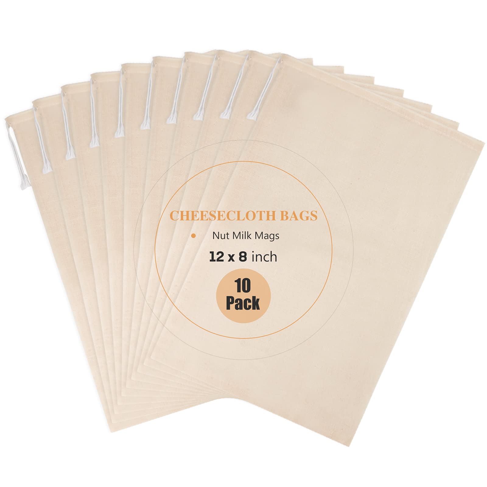 Chielor 10 Pack Nut Milk Bag, 8‘’ x 12‘’ Fine Mesh Grade Reusable Cheesecloth Bags Strainers, Unbleached Organic Cotton Filter Bags for Almond Milk, Juices, ColdBrew, Cheese, Tea, Yogurt, Coffee