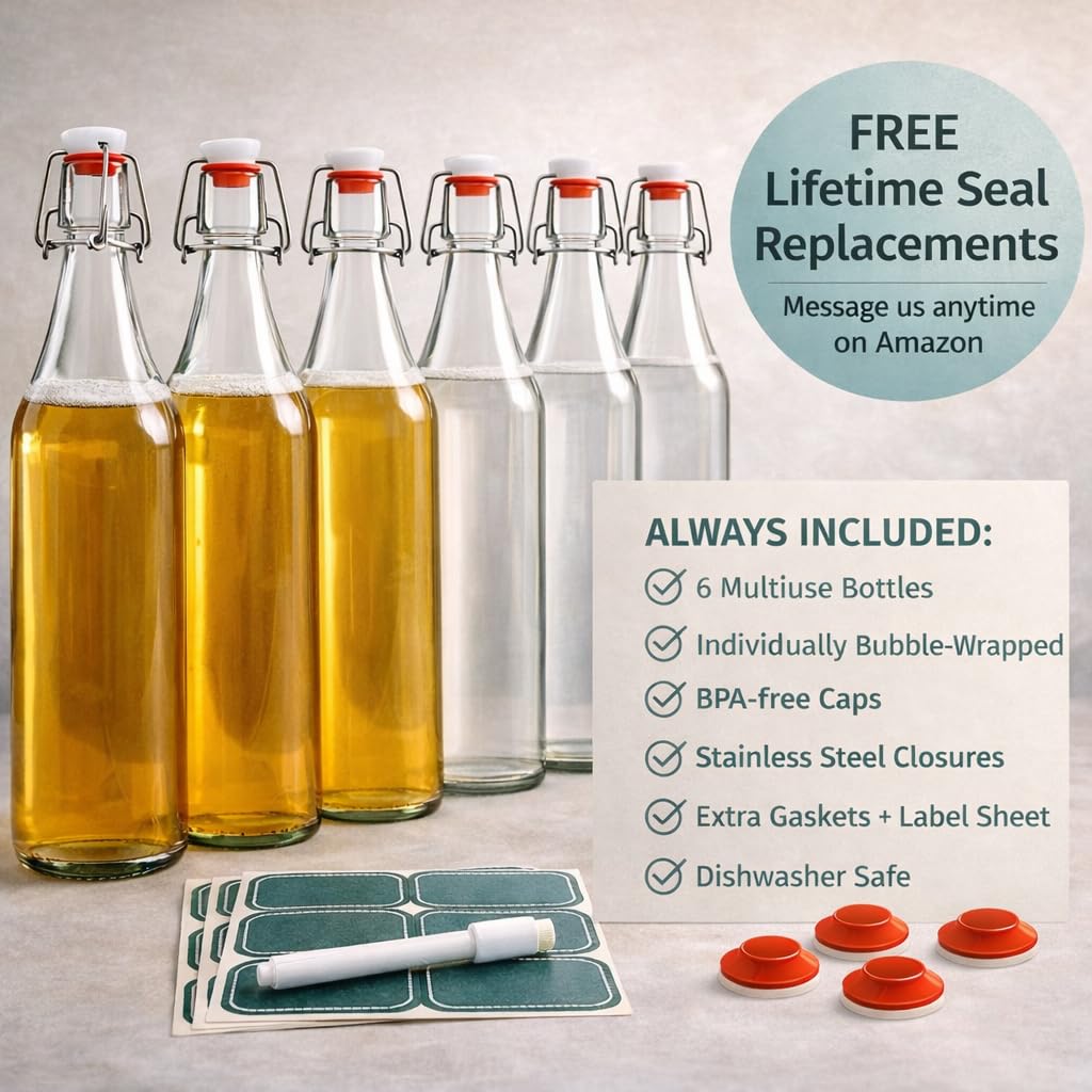 Otis Classic Clear Swing Top Glass Bottles, Plastic Caps, Set of 6, 16oz