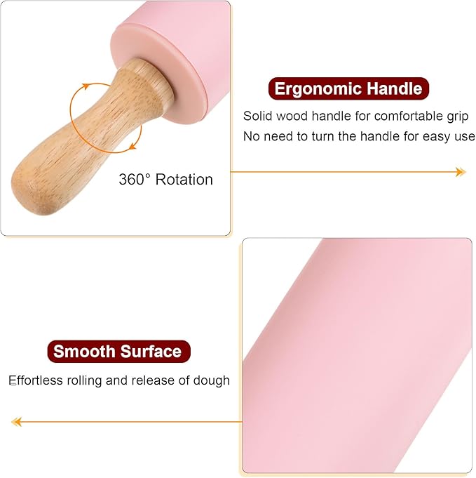 HARFINGTON Silicone Rolling Pins for Baking 9 Inch Wooden Handle Non Stick Rolling Pin Small Roller Playdough Rolling Pins for Dough Pizza Pastry Fondant Kitchen, Pink