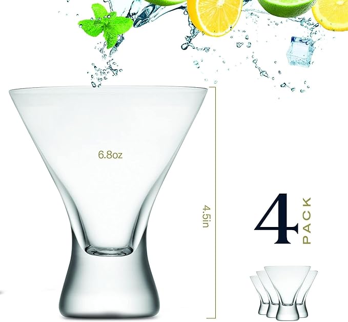 BENETI Martini Glasses Set of 4 | Made in Europe | 8oz Clear Stemless Cocktail Bar Drinking Glassware Set for Parties (4 Pack)