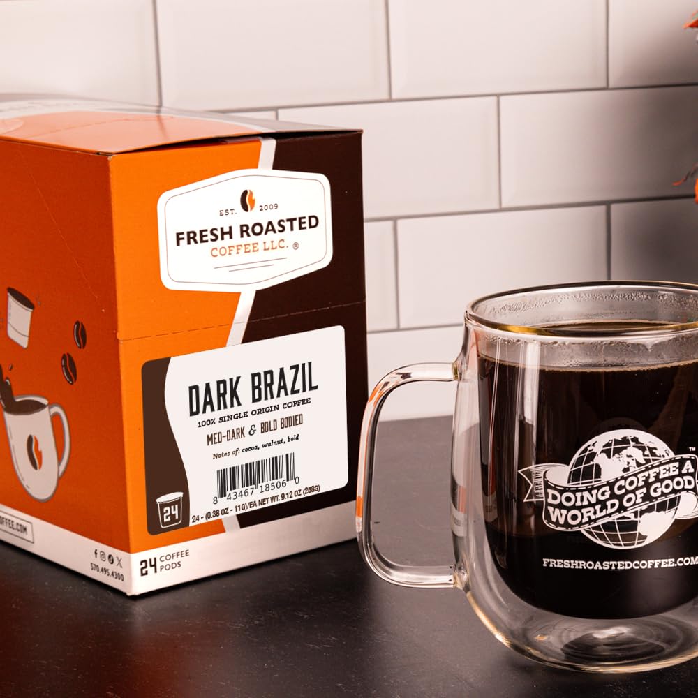Fresh Roasted Coffee, Dark Brazil, K-Cup Pods for Keurig Brewers Med-Dark Roast, Kosher, 24 Count (Pack of 1)