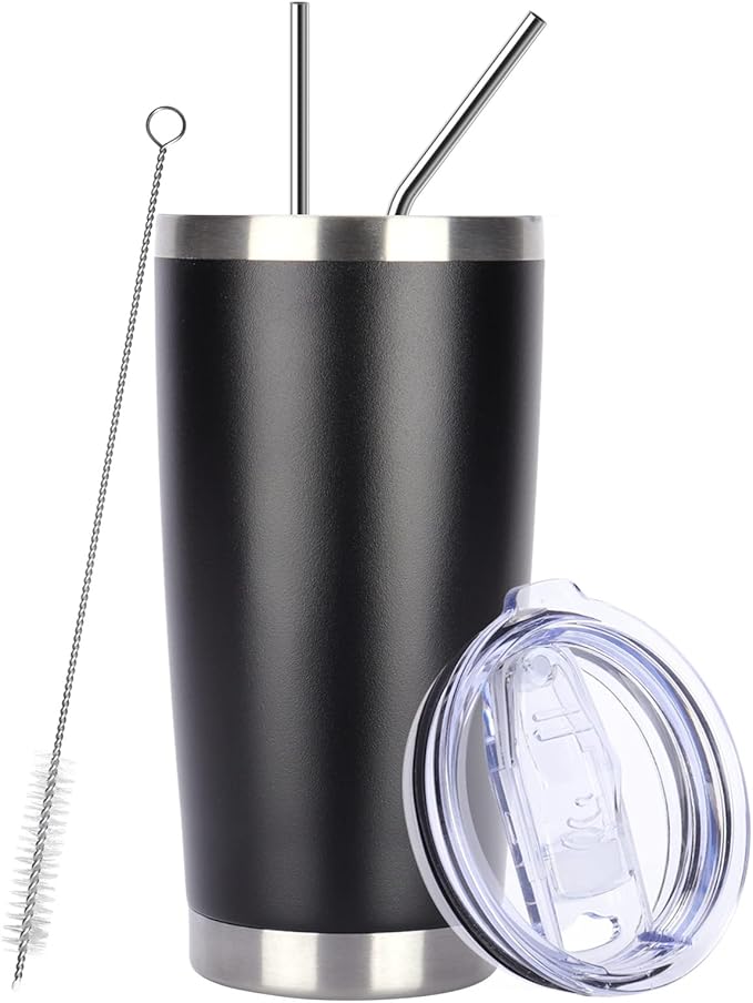 Pandance 20oz Stainless Steel Insulated Tumblers with Lid and Straw Bulk, Double Wall Vacuum Water Cups for Hot & Iced Coffee Drinks Travel Mug (Black, 1 pack)