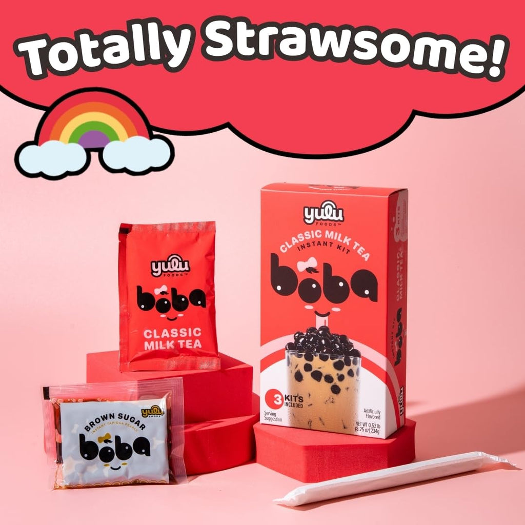 YULU FOODS Instant Bubble Pearl Classic Milk Tea Kit with Authentic Brown Sugar Tapioca Pearls, Ready in Under One Minute, Paper Straws Included – 3 Servings
