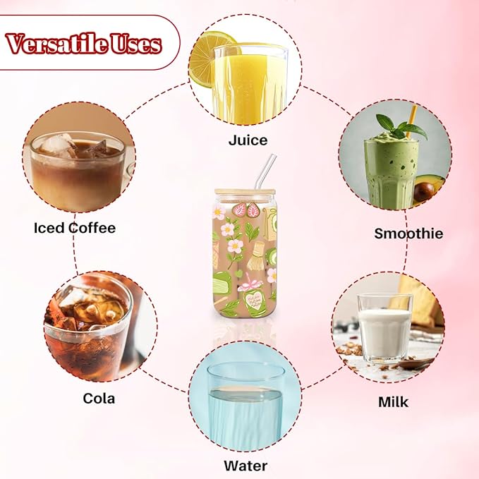 Matcha Girly Glass Cup, Matcha Lovers Gift, Kawaii Latte Girly Glass Tumbler, 16 oz Cafe Aesthetic Iced Coffee Cup with Lid Straw