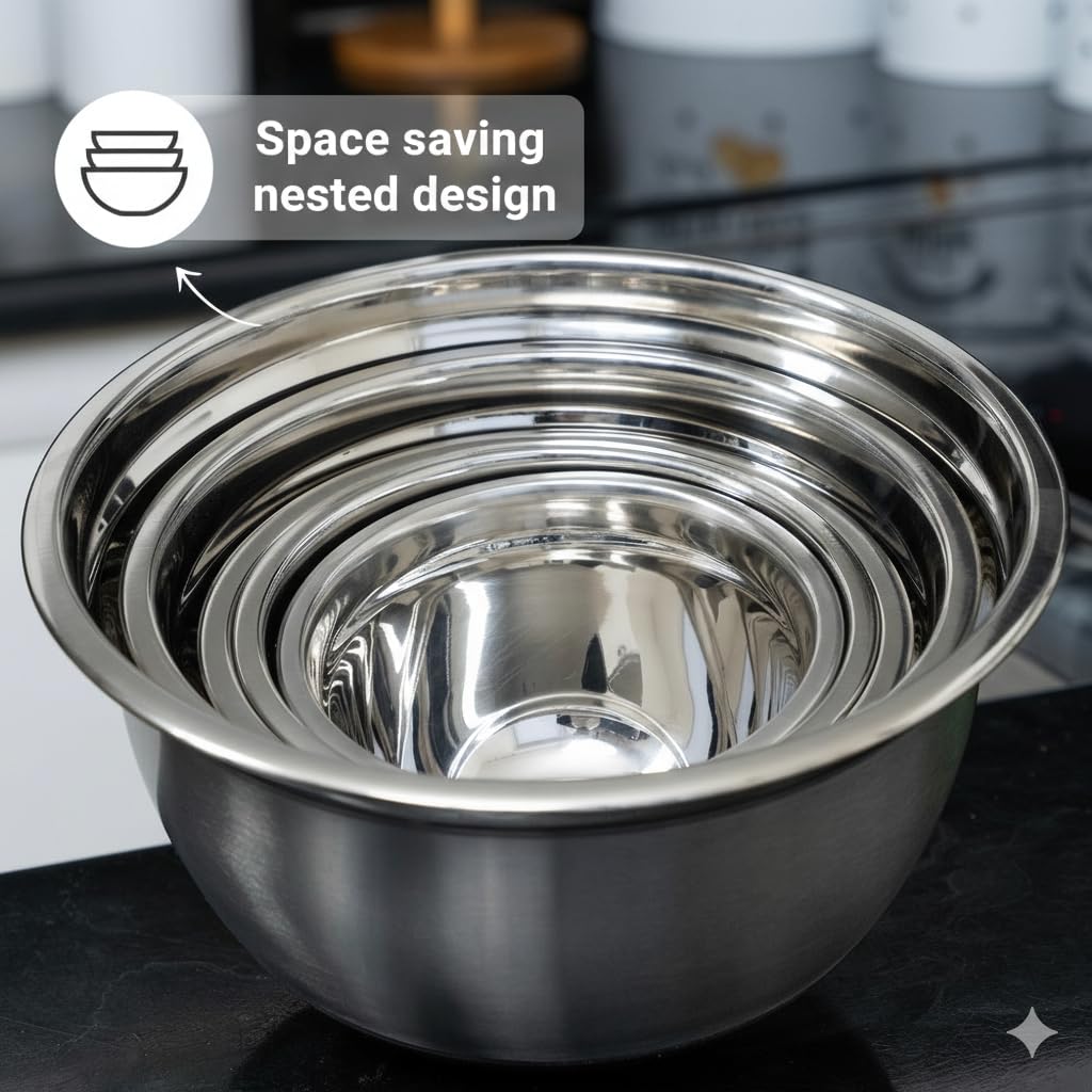 WHYSKO Stainless Steel Mixing Bowls with Lids, 5-Piece Nesting Set