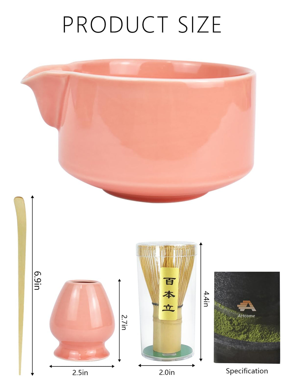 Artcome Premium Matcha Tool Set Pink, Includes Matcha Bowl, Whisk, Whisk Holder, Tea Scoop & Manual