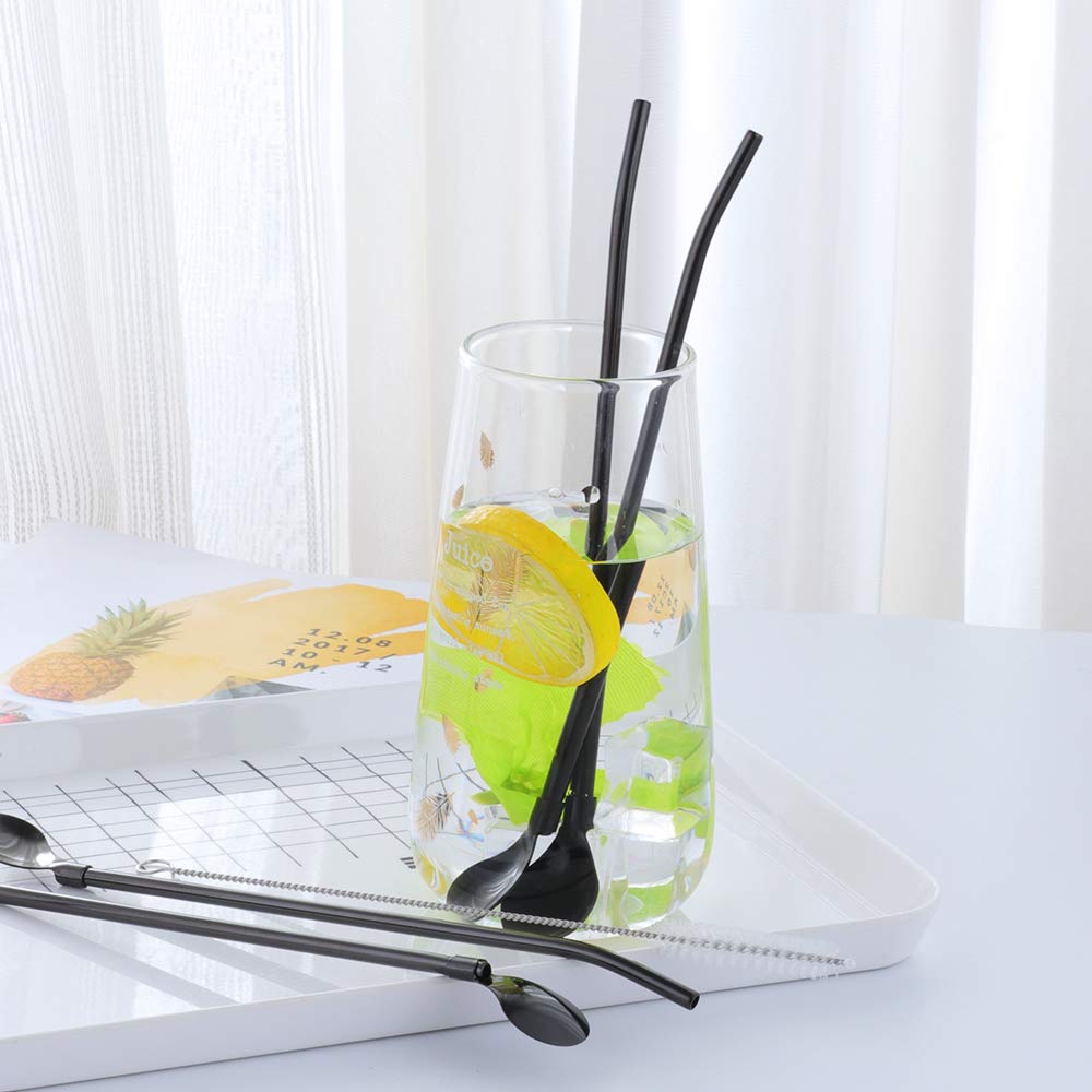 Straw Spoon, 8PCS 8.5inch 18/8(304) Stainless Steel Metal Straws Spoon Reusable Straws Spoon + 2 Brushes（Black）