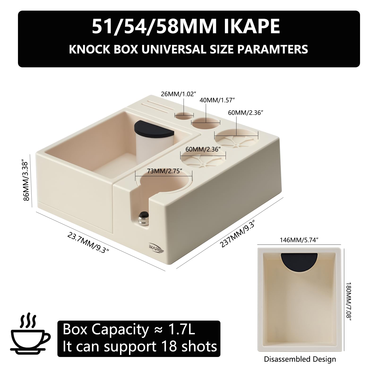 IKAPE Espresso Knock Box, Espresso Coffee Organizer Box Fit for Storage 51, 54, 58MM Espresso Tamper, Distributor, Portafilter & Puck Screen Accessories, Plastic Station Base(White)