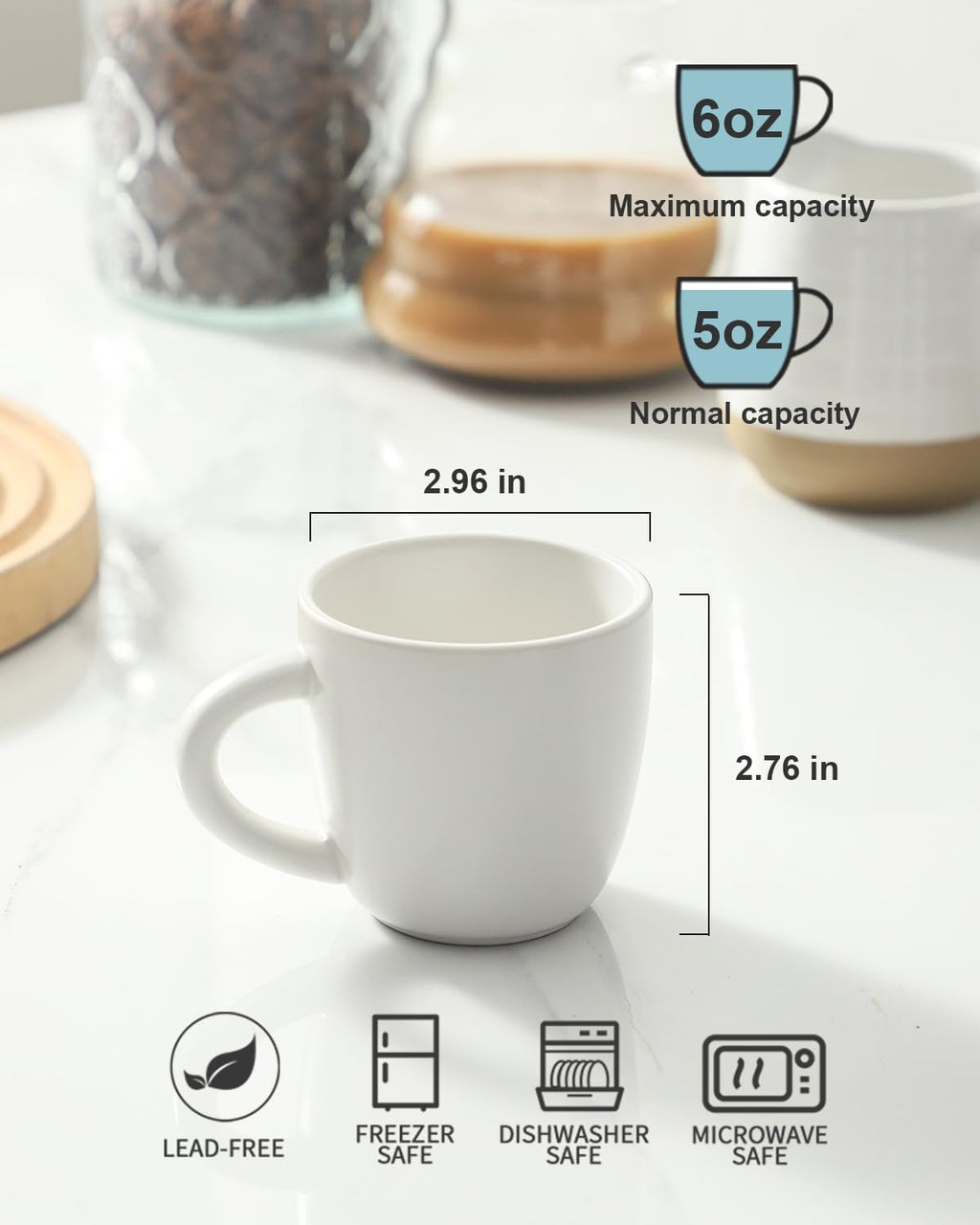 HASENSE Ceramic Espresso Cups Set, 4 Pack White Coffee Cups, Mini Latte Cappuccino Cups with Handle, Stackable Thick Porcelain Demitasse Cups, Suit for Espresso Machine and Coffee Maker, White