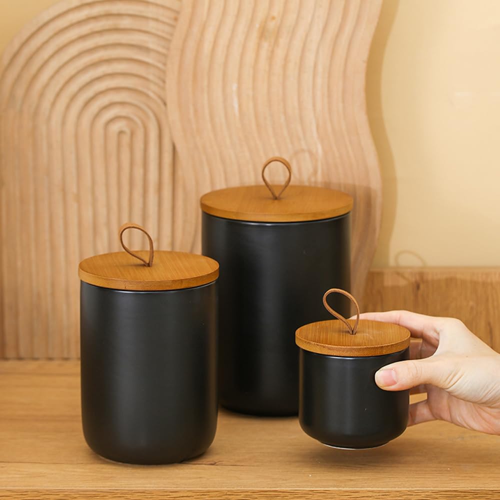 Jueison Ceramic Storage Jars, Modern Airtight Canisters with Wooden Lid (Black medium)