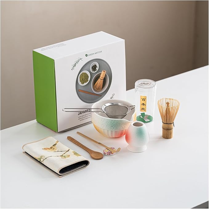 Matte Textured Ceramic Matcha Whisk Set, 8-Piece Matcha Kit Includes Matcha Bowl, Bamboo Whisk, Chasen Holder, Scoop, Scoop Rest, Sifter & Tea Towel for Japanese Tea Ceremony, Latte Making & Home Use