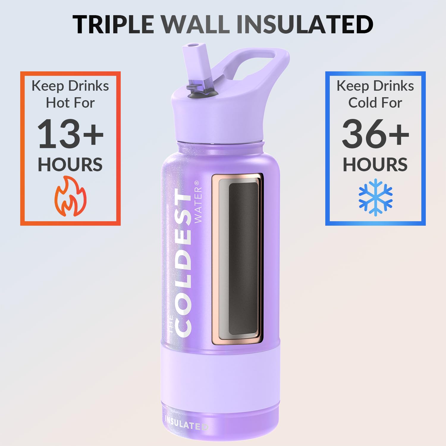 Coldest Insulated Water Bottle with Straw Lid - Stainless Steel Metal Insulated Bottle for Men & Women (Saturn's Moon Purple Glitter, 40 oz)