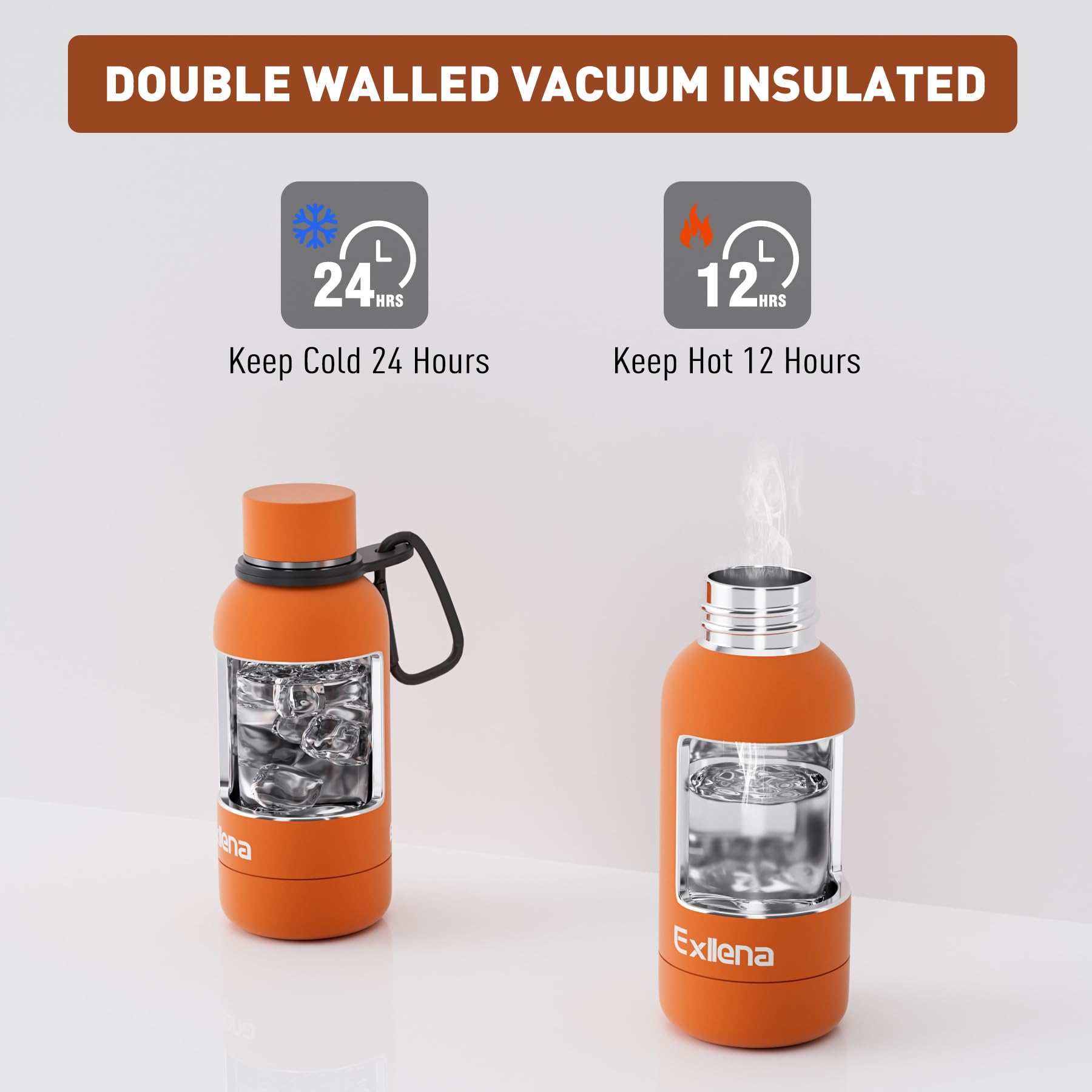 Exllena Small Water Bottle 12oz with Clip, Double Wall Stainless Steel Vacuum Small Insulated Water Bottle Keeps Drinks Cold 24 Hrs/Hot 12 Hrs for Kids Handbag School BPA Free (Bright Orange)