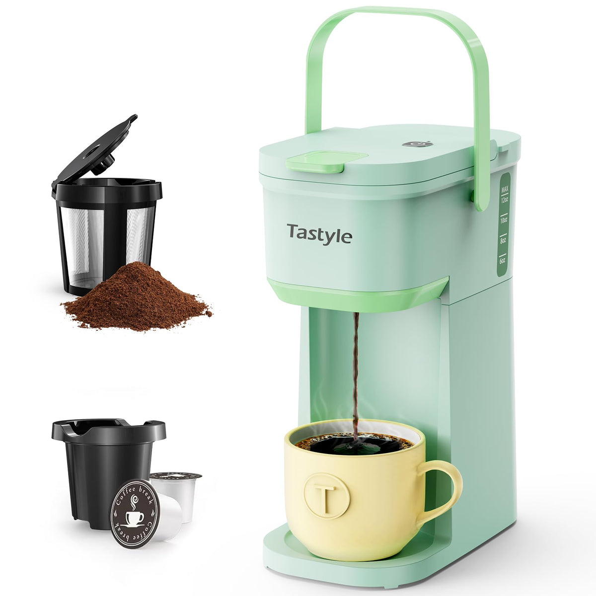 Tastyle Mini Single Serve Coffee Maker for K Cups and Grounds with Handle