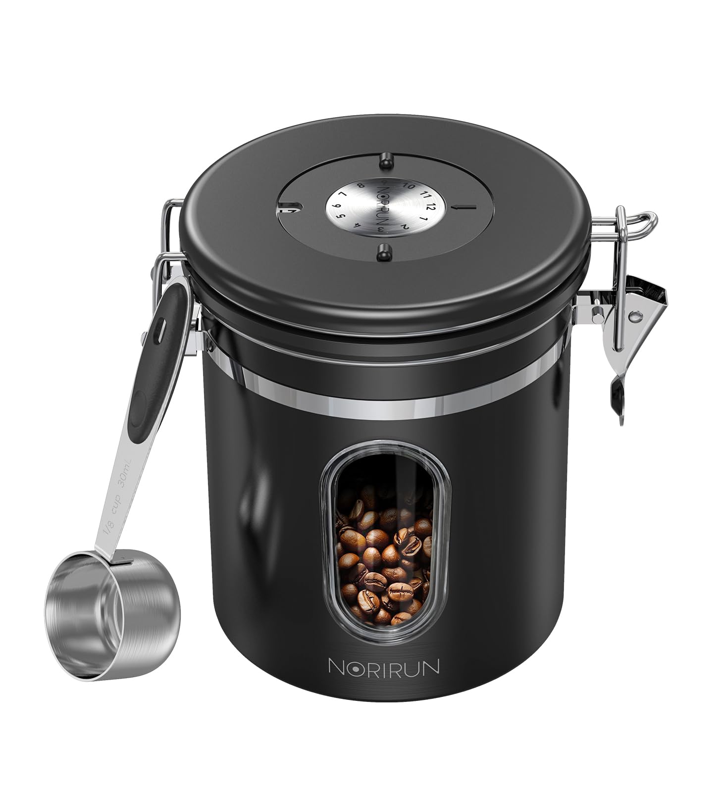 NORIRUN Coffee Canister With Window,16oz Stainless Steel Airtight Coffee Bean Storage Grounds Container with Date Tracker and Scoop,Grounds Kitchen Food Canister Jar for Beans,Tea,Sugar,Flour,Cereal